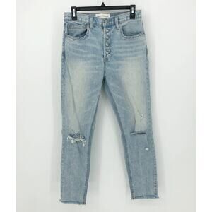 Denim Forum Women Yoko Jeans 28 US 6 Light Blue Slim Straight High Rise Distress